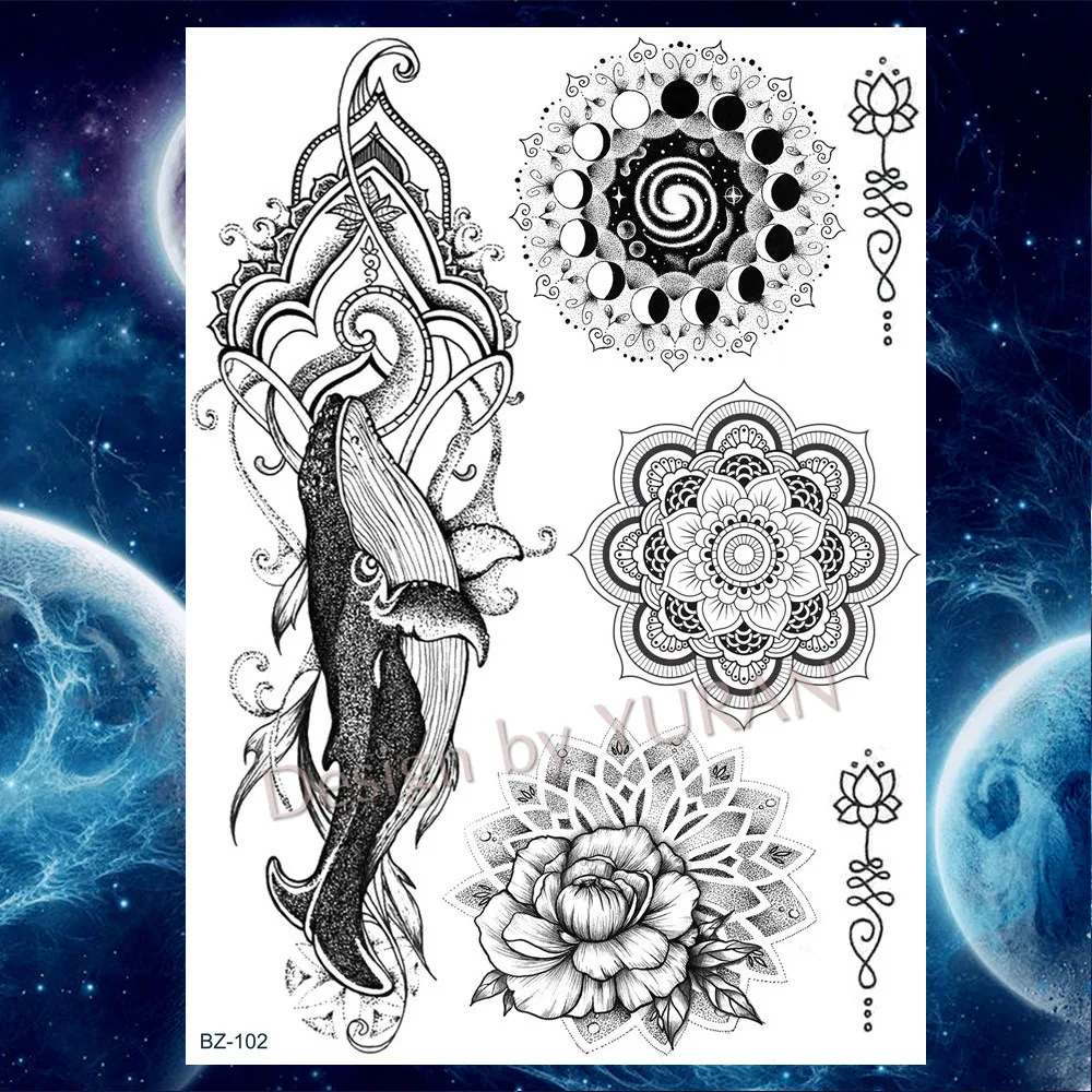YURAN Black Waist Jellyfish Ocean Mandala Flower Tattoos Stickers Women Men Custom Tattoo Temporary Body Arm Fake Tatoos Paste | Красота и