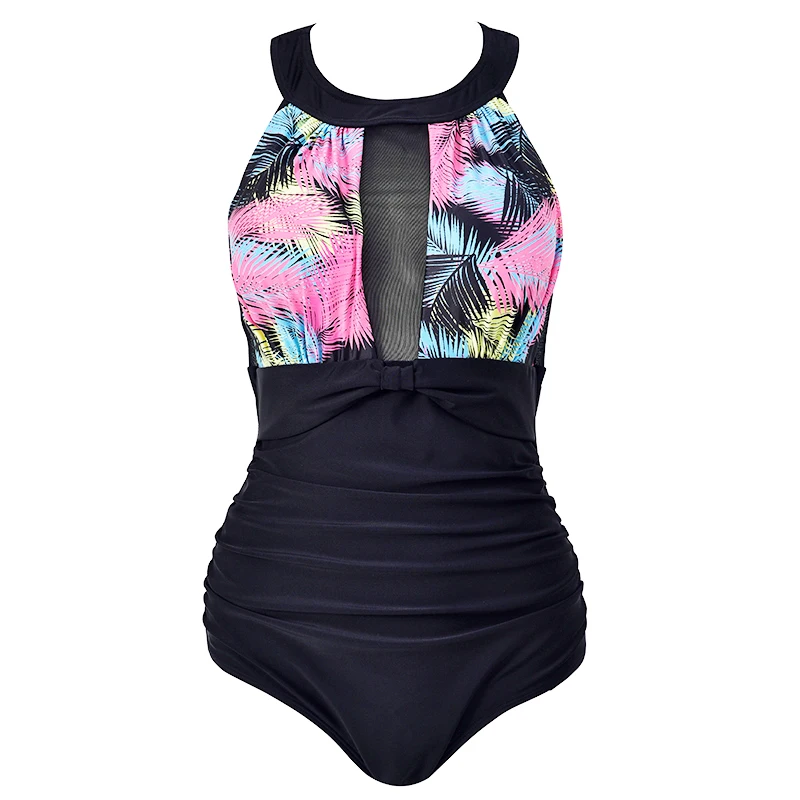 Women Floral Printed Plus Size One Piece Swimsuit 2018 Retro Large Lace Swimwear Bodysuit Full Coverage Halter Bathing Suit | Спорт и