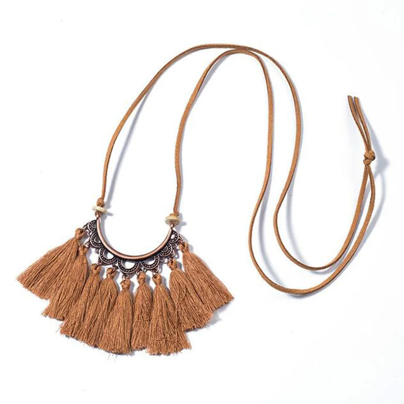 Summer Jewelry Mix Color Wool tassels pendant necklace Wood beads Long leather chian Bohemian BOHO for Women | Украшения и