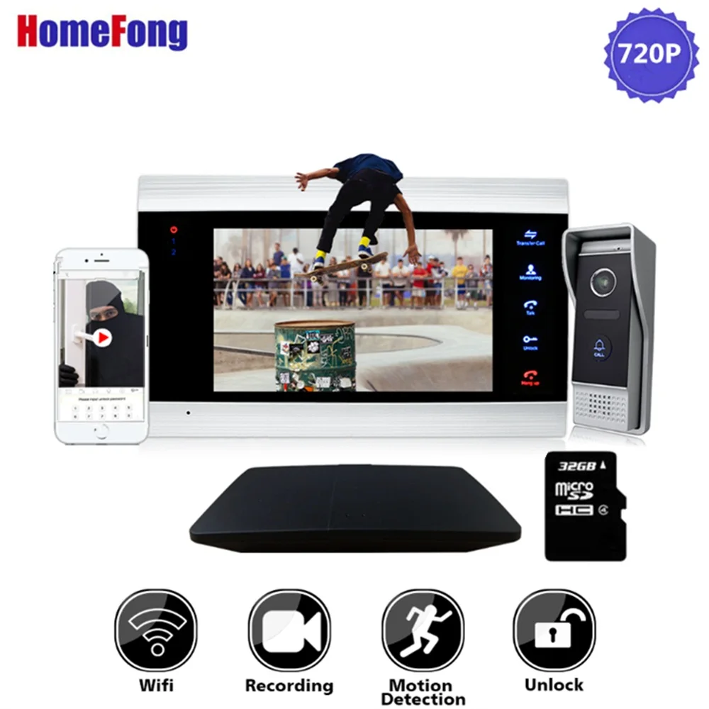 Homefong 7 дюймов 720P видеодомофон ip видео домофон Wifi домофон Беспроводная разблокировка смарт-трекер движения сигнализация Wifi коробка