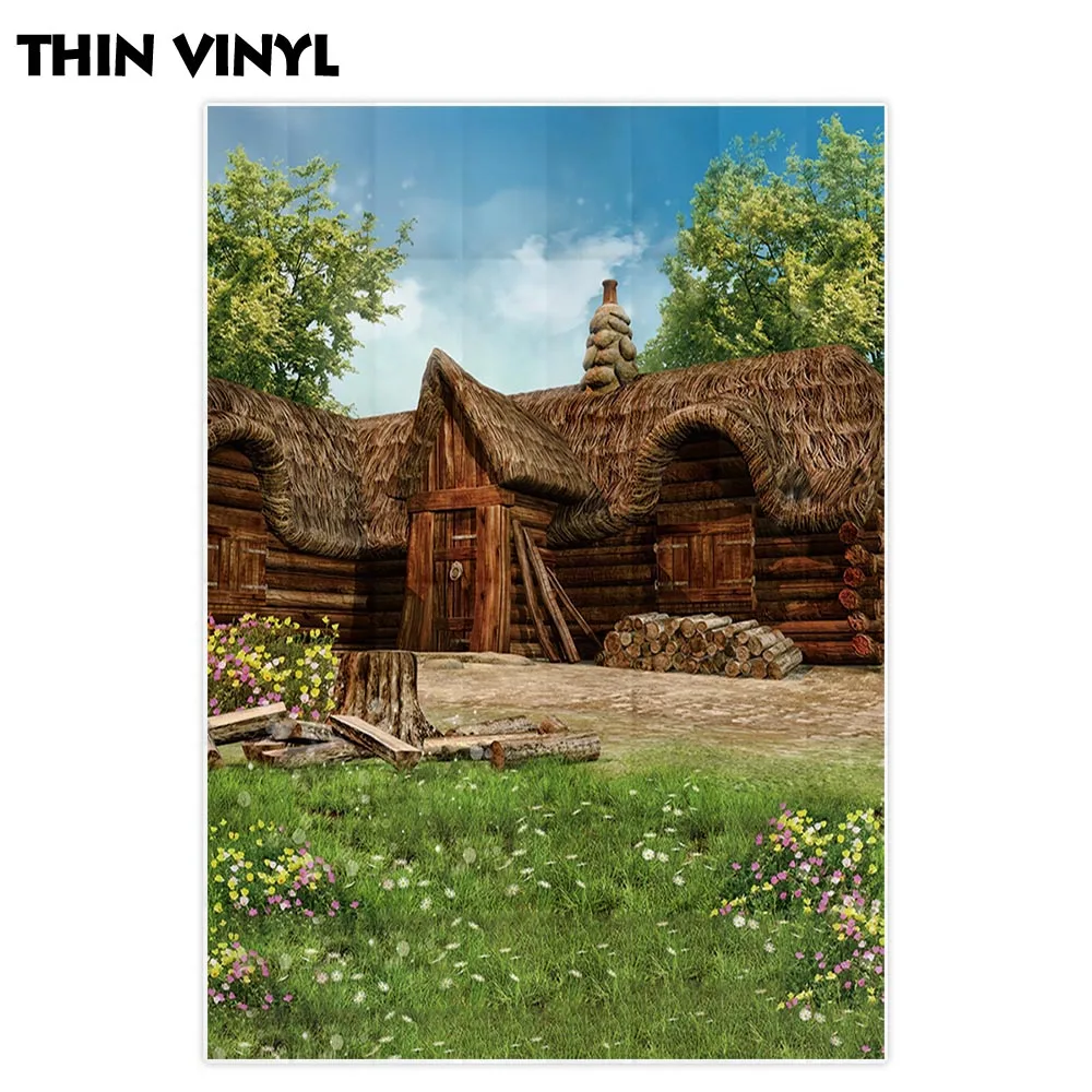 Allenjoy backdrop for photographic studio old Log house cottage spring green meadow flowers lawn background photo | Электроника