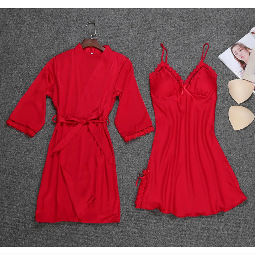 Red New Women Ladies Sexy Silk Satin Dress Bathrobe Nightgown Sets Lace Kimono Pajamas Lingerie Sleepwear chemise de nuit femme - Цвет: Red