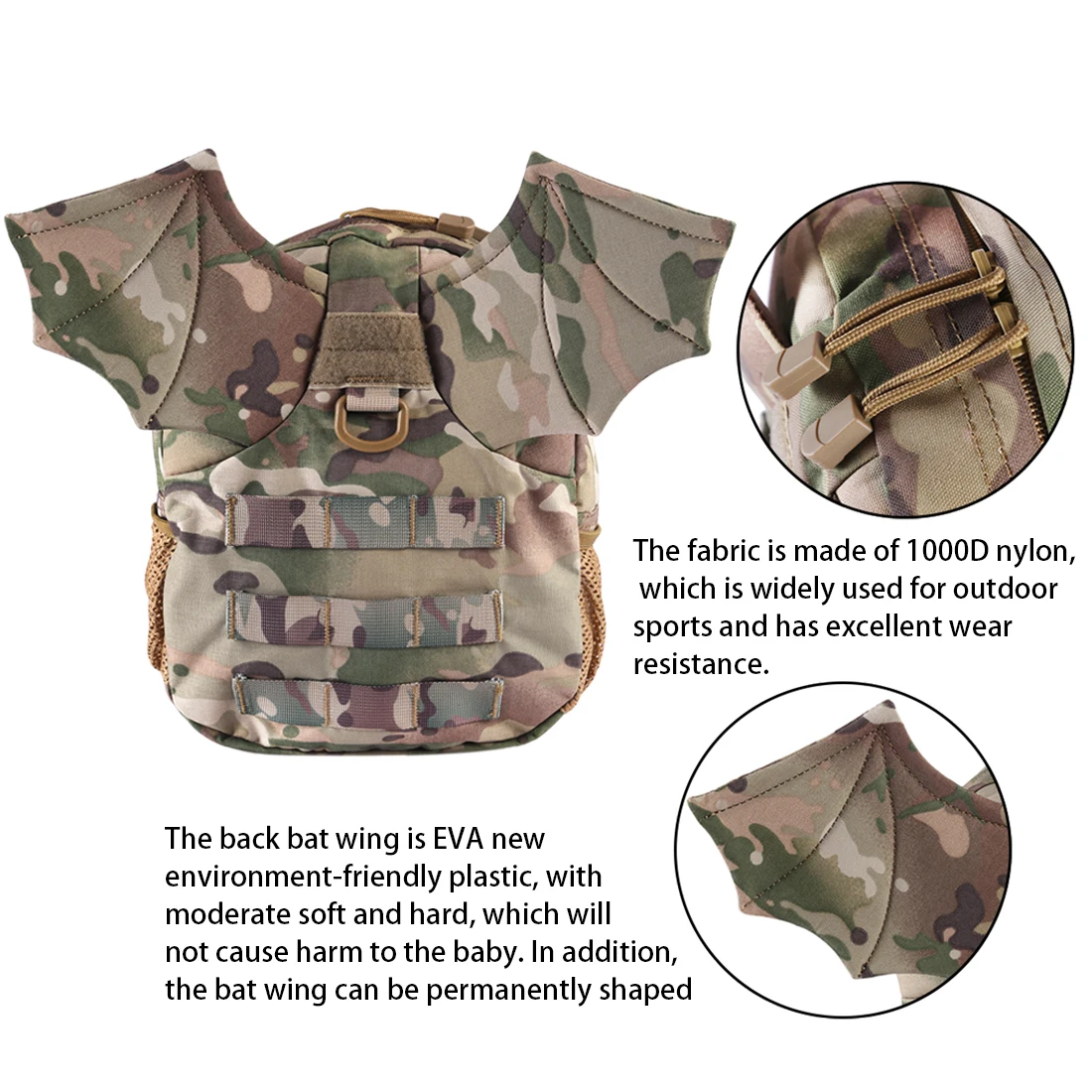 New Little Bat Pattern Military Tactical Backpack for Children Outdoor Activity- Camouflage