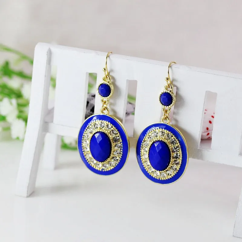 Женщины Синий Rhinestone Серьги Падение для Женщин Двухместный Круглый Кулон