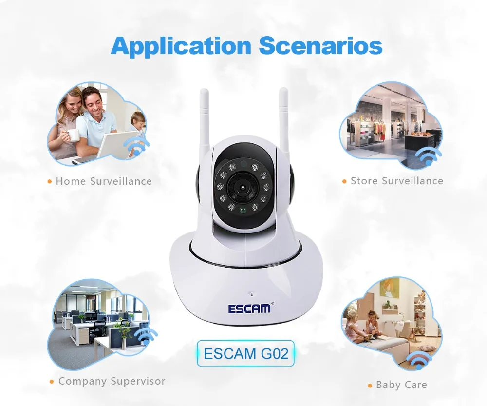 ESCAM CamHi G02 720P двойная антенна домашняя камера панорамирование/наклон WiFi IP IR камера Поддержка ONVIF видео монитор IP камера