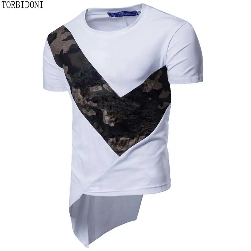 Камуфляж печати Футболки Для мужчин летние кососрезанная нижний Camisas с круглым