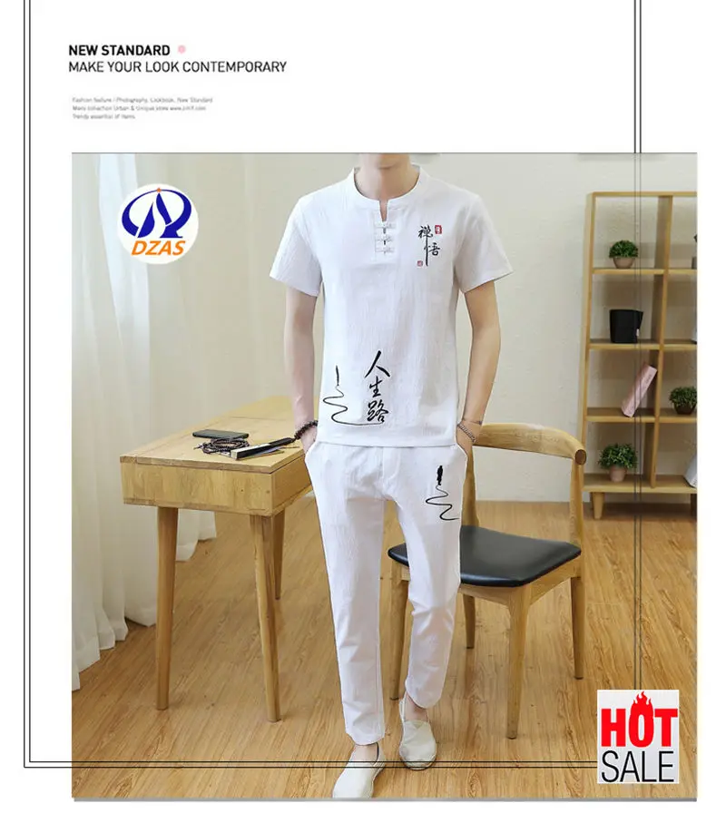 

Summer Cotton Hemp Set male linen short sleeve T-shirt trend retro Chinese wind 2019 Buddha grey Summer Dress