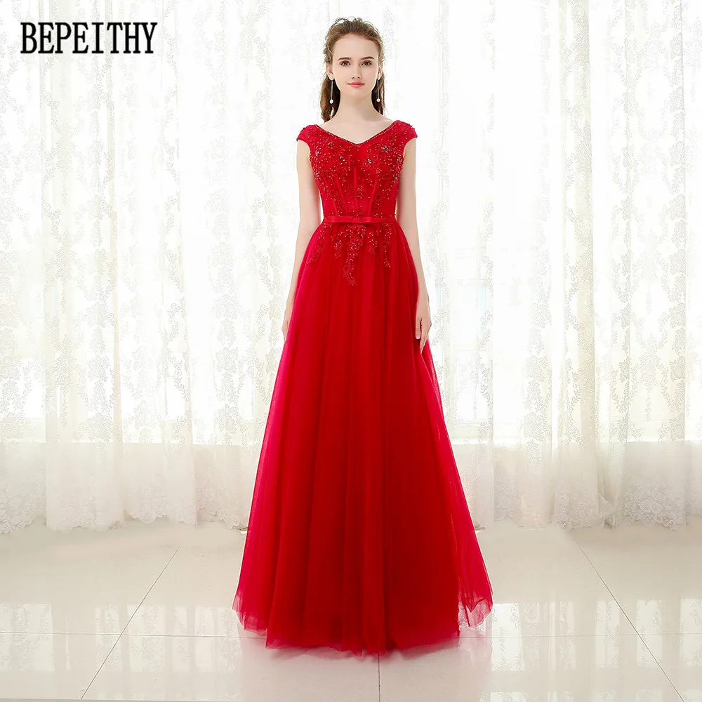 

BEPEITHY Vestido De Festa V-Neck Red Lace Appliques Party Elegant A-Line Sash Long Sleeveless Evening Dresses 2022 Custom Made