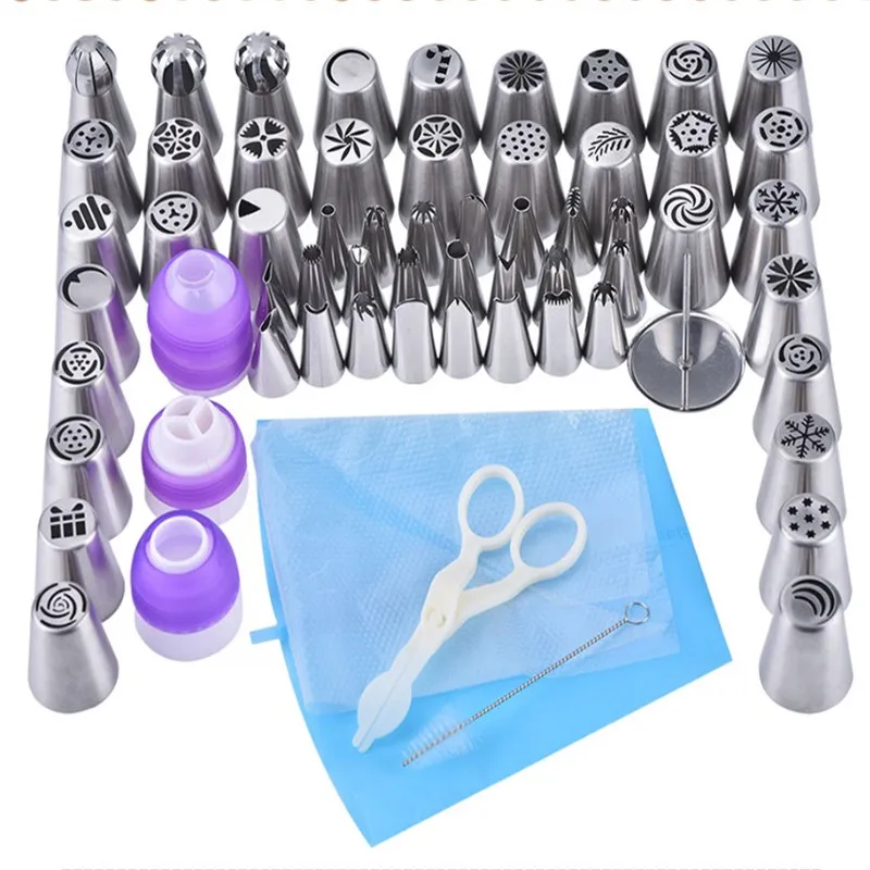

64pc/set Silicone Icing Piping Cream Pastry Bag + 56pc Stainless Steel Russian Pastry Nozzles + Convertor for Cake Decoration