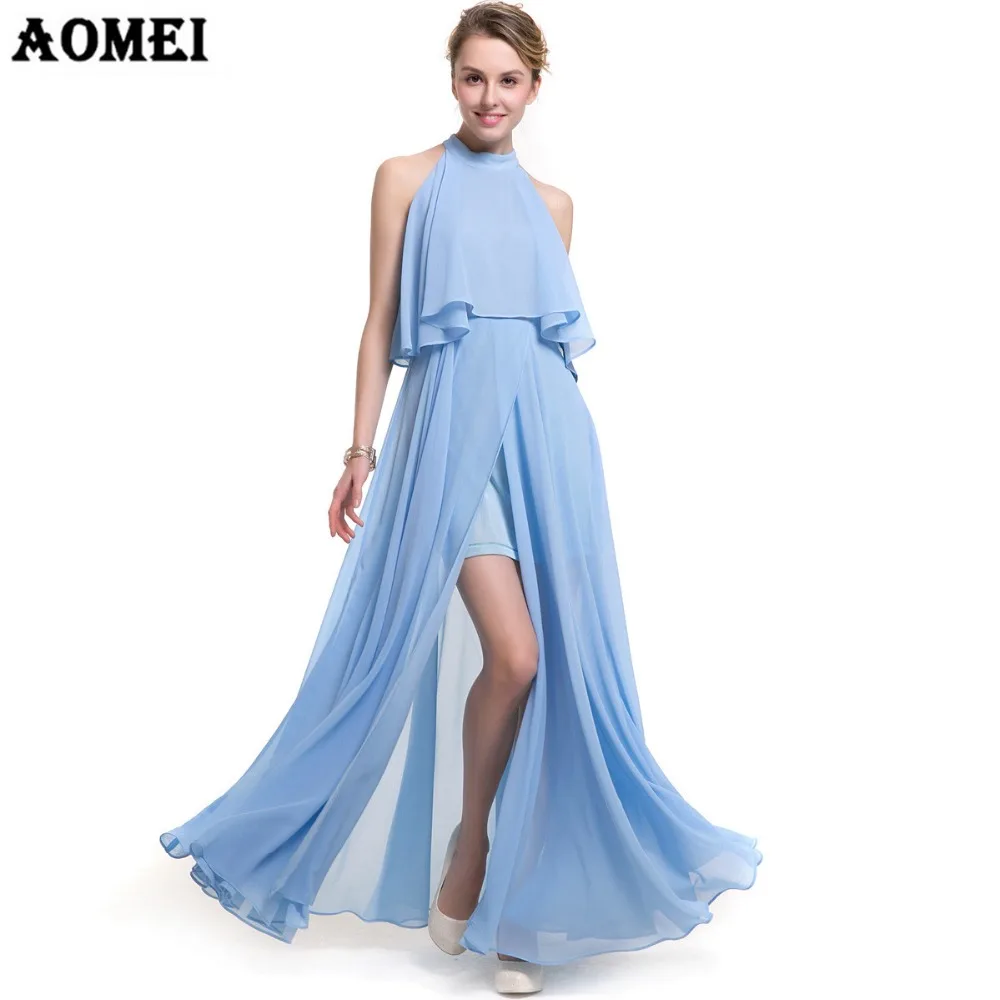 Платье с длинным рукавом для девочек шифоновое длинное без рукавов небесно