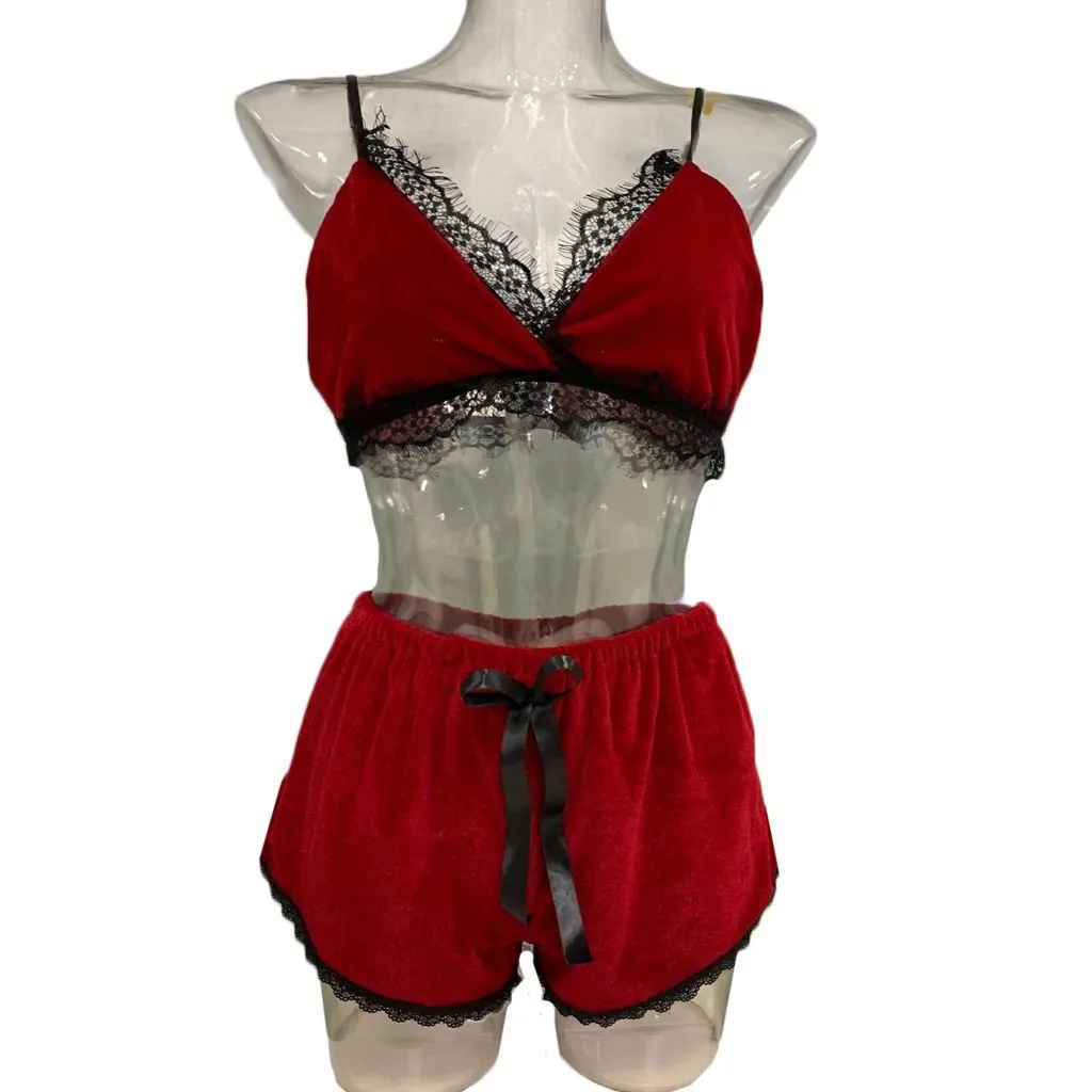 Womail Fashion Sexy Eyelash Lace Lingerie Velvet Bodydoll Bowknot Sleepwear Pajamas Set pyjamas women sexy lingerie C30213 | Женская