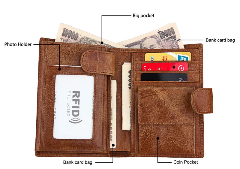 BONAMIE, коровья кожа, коричневый, RFID кошелек для мужчин, натуральная кожа, короткий кошелек с отделением для монет, кредитный держатель для карт, мужская сумка для денег