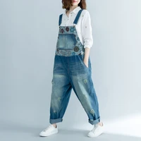 wide leg bib denim overalls large size baggy cowboy strap trousers bleached ripped hole jean jumpsuits hanging crotch rompers