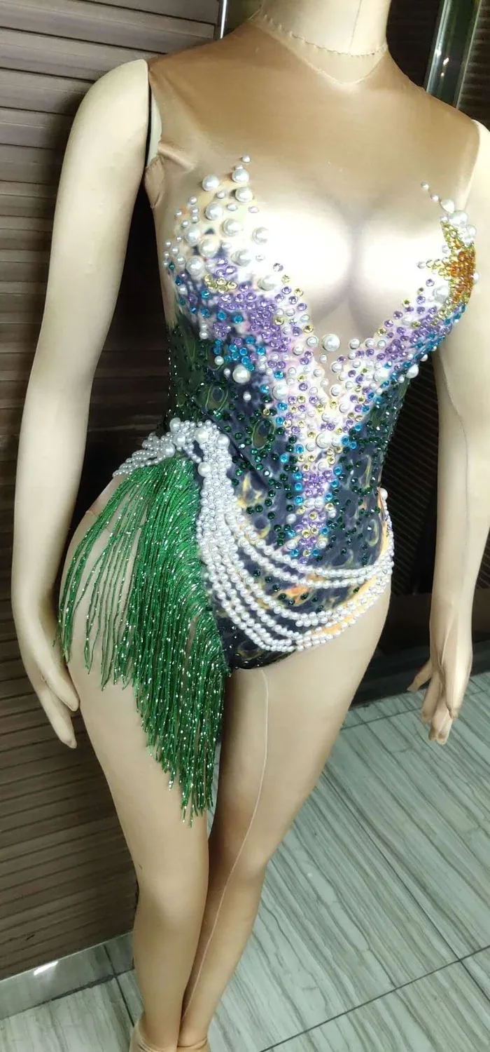 Flashing Rhinestones Pearls Bodysuit Green Tassel Sexy Leotard Female Singer Stage Dance Wear Prom Birthday Celebrate Clothes