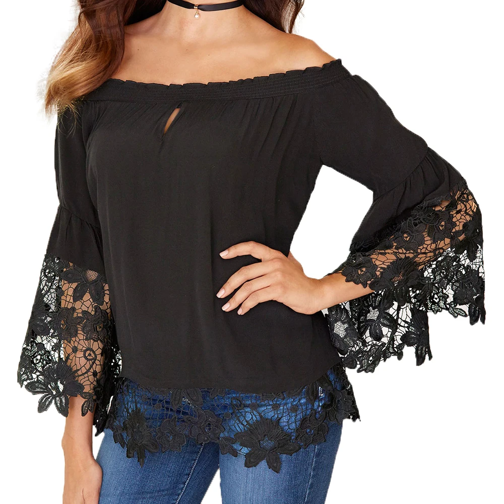 Женская кружевная блузка с рукавами-фонариками и вырезами |