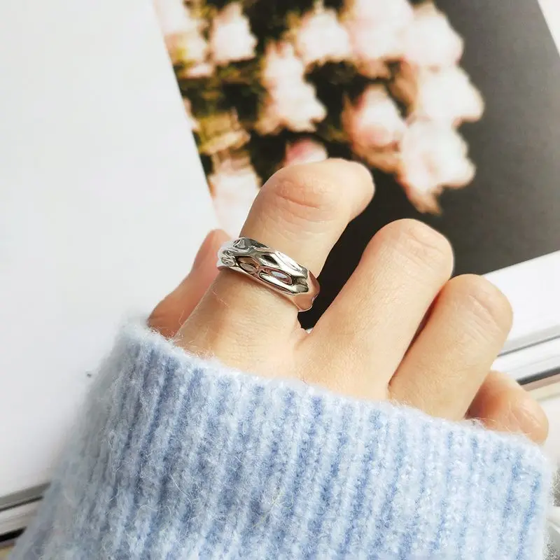 

Silvology 925 Sterling Silver Concave Convex Rings Silver Texture Irregular Foil Paper Female Open Rings Jewelry 925 Silver Gift