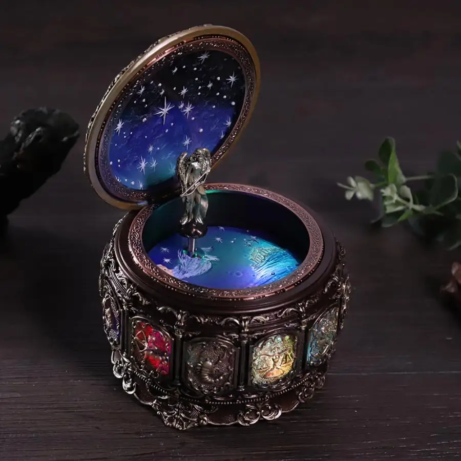 Музыкальные коробки винтажная Музыкальная шкатулка с 12 созвездиями вращающийся богиня Мерцающий СВЕТОДИОДНЫЙ светильник подарок на день рождения Горячая Распродажа