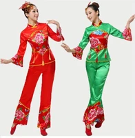 0169 women peony splicing yangko dance costumes redgreen long sleeves fan waist drum middle aged group national square dance