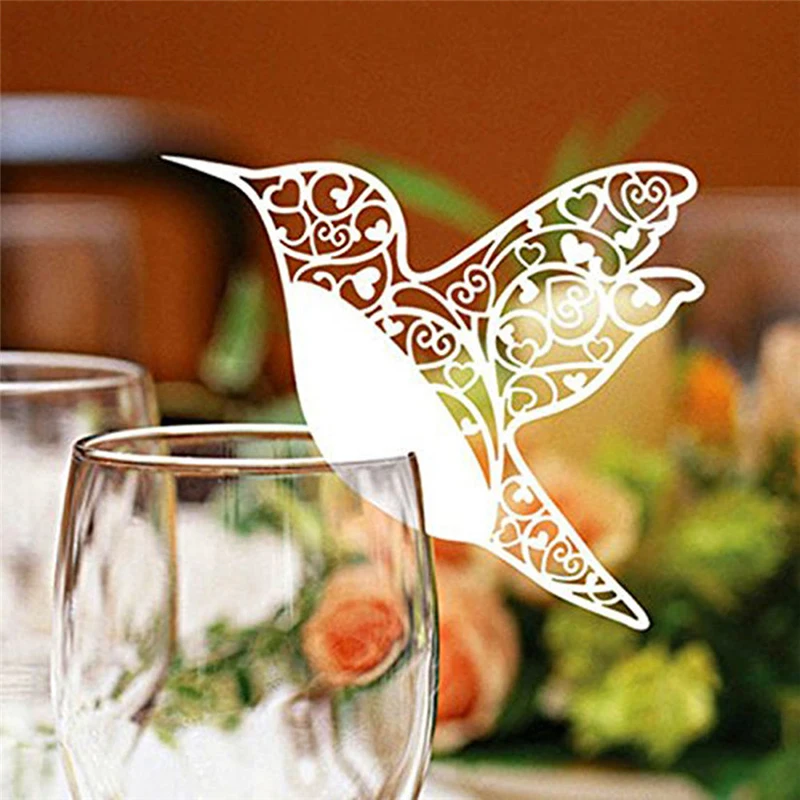 100 штук/ПАК Wit Kolibries Свадебный Tafel Naam Glas Cup Papieren Kaart voorWijnglas Свадебные украшения для