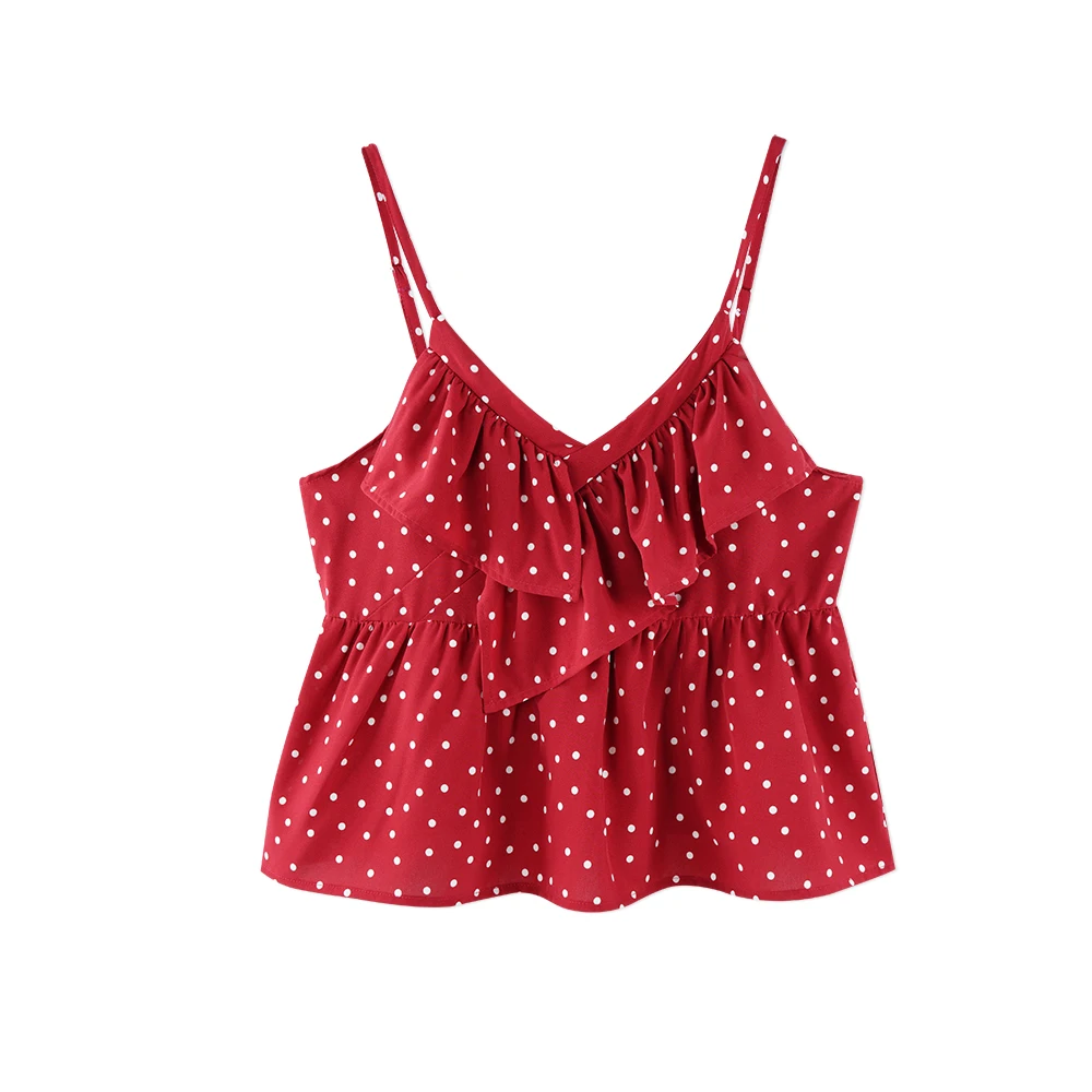 

Neatie kiddie Sexy Red Polka Dot Print Summer High Street Women Camis T-shirt V-neck Ruffles 2019 Short Tshirt