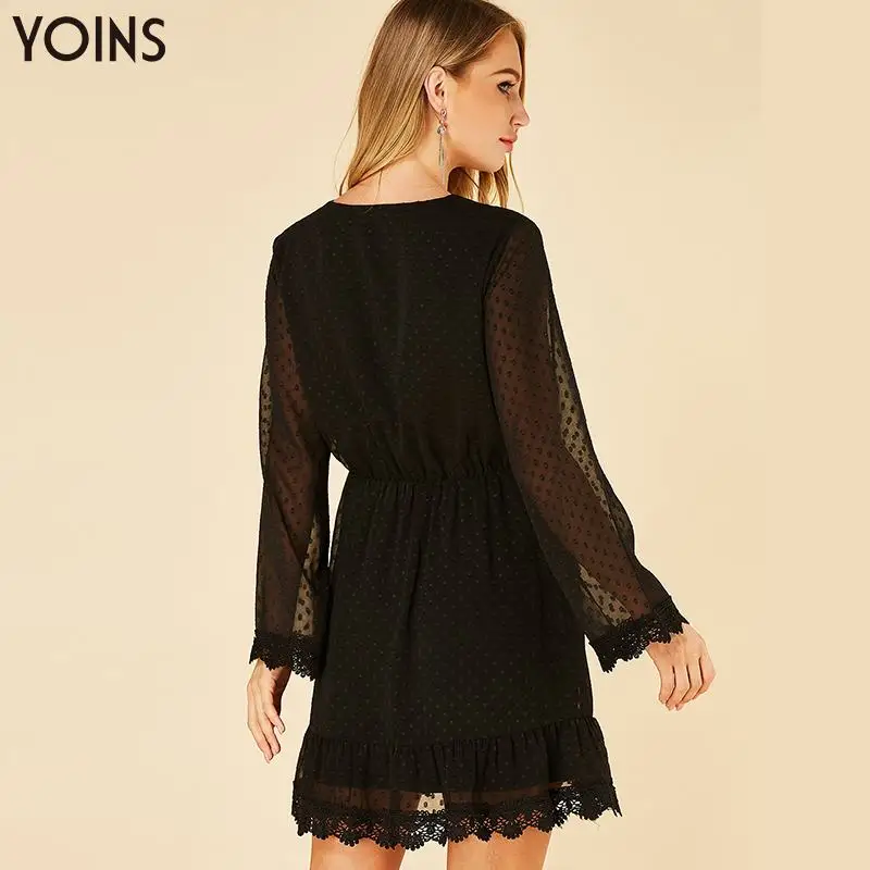 YOINS 2019 Летнее осеннее женское платье Сексуальное черное кружевное мини С