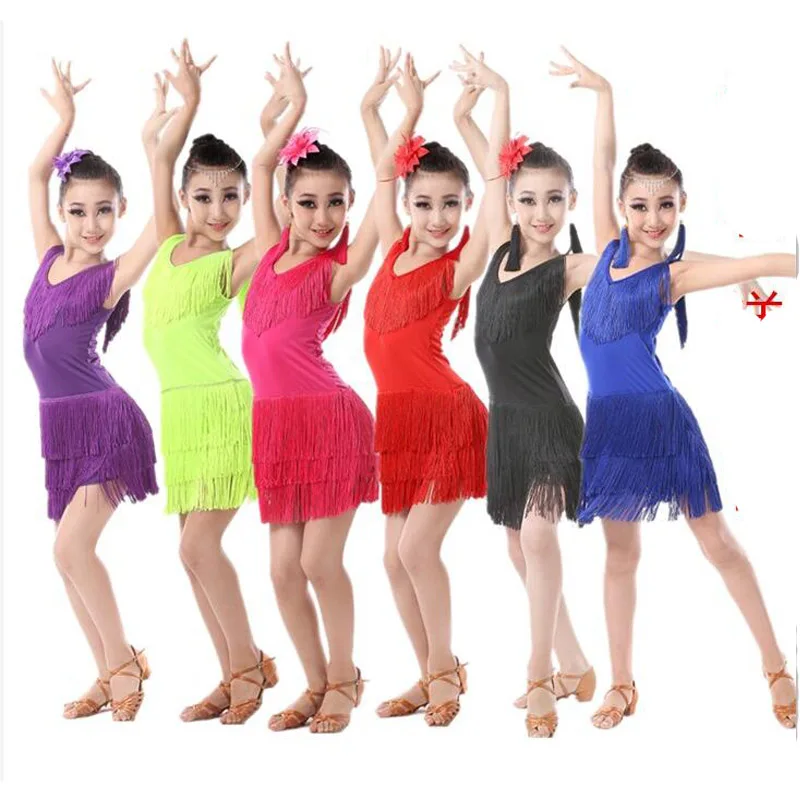 

Girls Sequined Tassels Latin Dance Competition dress Kids Ballroom Tango Salsa Fringe costumesDress child dancewear outfits