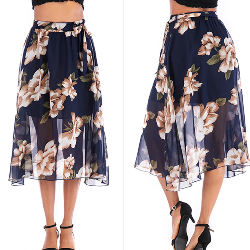 Летняя юбка миди с цветочным принтом шифоновая эластичная высокой талией