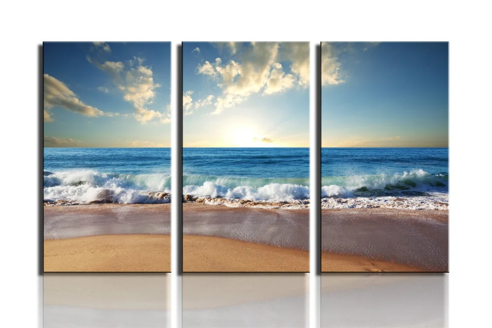 

3 Panel Modern Wall Art Home Decoration Painting Canvas Wall Art Prints Pictures Sea Scenery With Beach