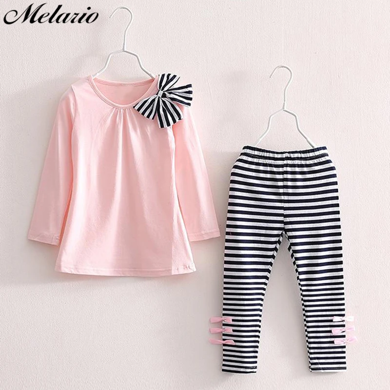 Melario Baby Girls Clothing Sets Fashion spring Autumn Long Sleeve Big bow T-shirt+casual striped pants 2pcs Kids | Мать и ребенок