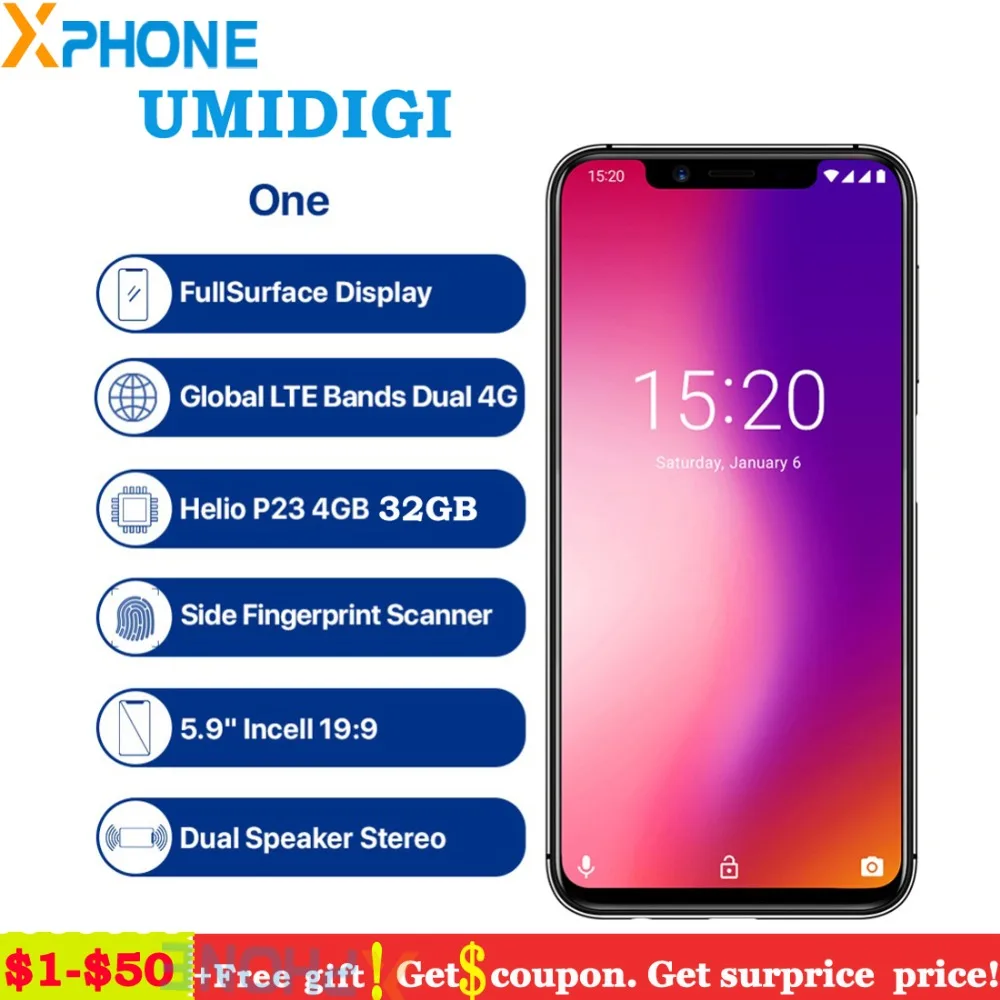 UMIDIGI One смартфон с 5 9 дюймовым дисплеем восьмиядерным процессором P23 ОЗУ 4 Гб ПЗУ 32