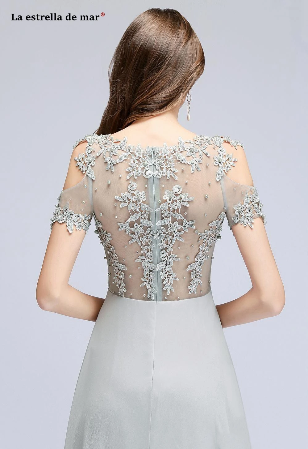 

Wedding party Gown new Scoop neck lace beaded chiffon short sleeve A Line burgundy silver grey mother of the bride dresses long