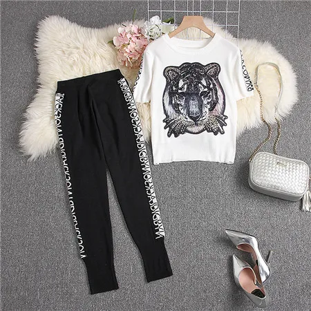 Белый ALPHALMODA, летний трендовый вязаный свитер с тигром+ брюки-карандаш, 2 шт., вязаный костюм для женщин с коротким рукавом, трикотажные спортивные костюмы - Цвет: Белый