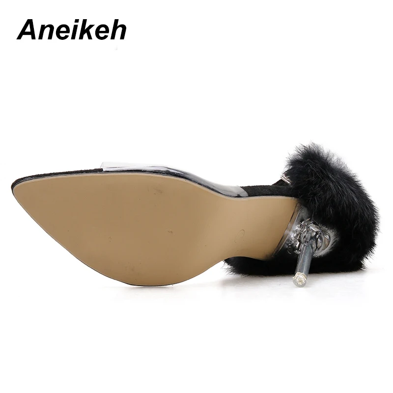 Aneikeh/ г. Пикантные прозрачные сандалии из PU искусственной кожи женская обувь на ремешке с пряжкой модельные туфли с острым носком на высоком тонком каблуке обувь для вечеринок черный цвет, размер 42