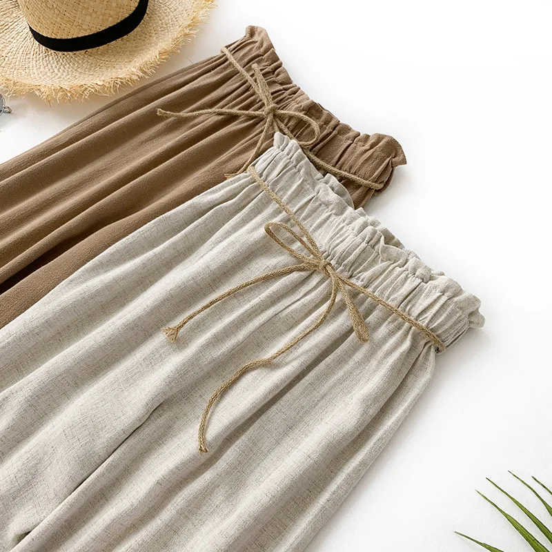 Винтажные свободные льняные женские брюки с высокой талией 2019 одноцветные