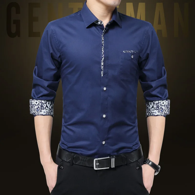 Dark Blue Новинка, роскошные Брендовые мужские рубашки размера плюс 5XL, не гладильная рубашка с длинным рукавом и отложным воротником, тонкая мужская рубашка, дизайнерская одежда - Цвет: Dark Blue