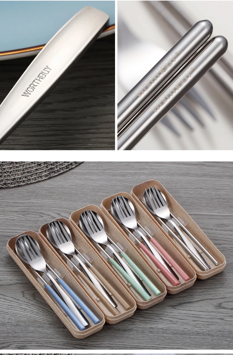 WORTHBUY Portable Dinnerware Set Stainless Steel Cutlery With Wheat Straw Handle Tableware Set For Kids School Dinner Set