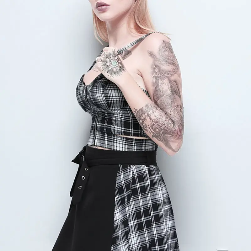 Клетчатые сексуальные женские майки Лето 2019 Винтаж молния панк Camisole девушка