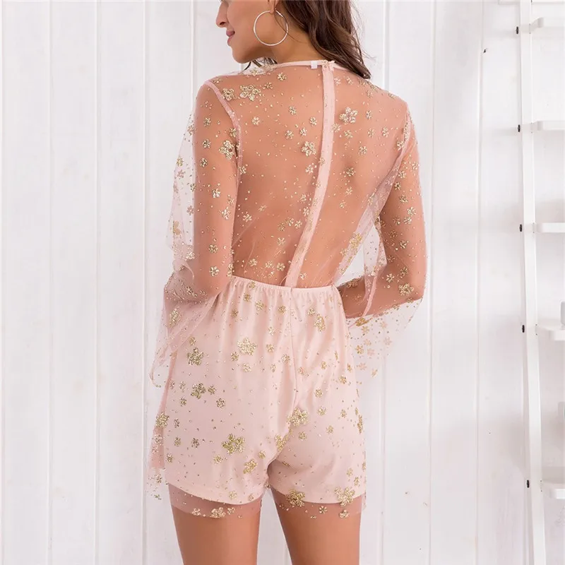 Parthea перспектива сетки Комбинезоны спинки Шорты блесток Flare рукавом секс Для