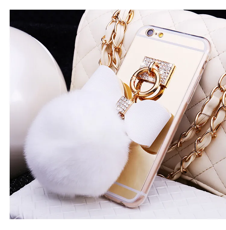 Ainike Luxury Metal Rope Mirror Soft TPU With Pendant Fur Ball Tassel Phone Case Cover For iPhone X 8 4s 5SE 6s Plus 6plus 7plus |