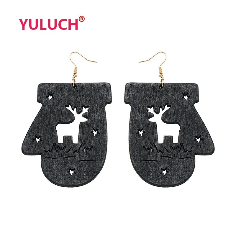 

YULUCH New Arrival Wooden Design Wood Christmas Gloves Hollow Elk Pendant Earrings for Fashion Women Jewelry Earrings Gifts