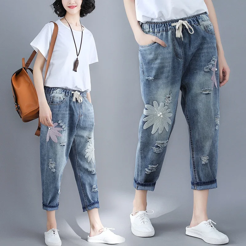 

NYFS 2020 New Spring Autumn Women jeans loose Harem pants Embroidery Ripped Elastic Denim Nine Trousers