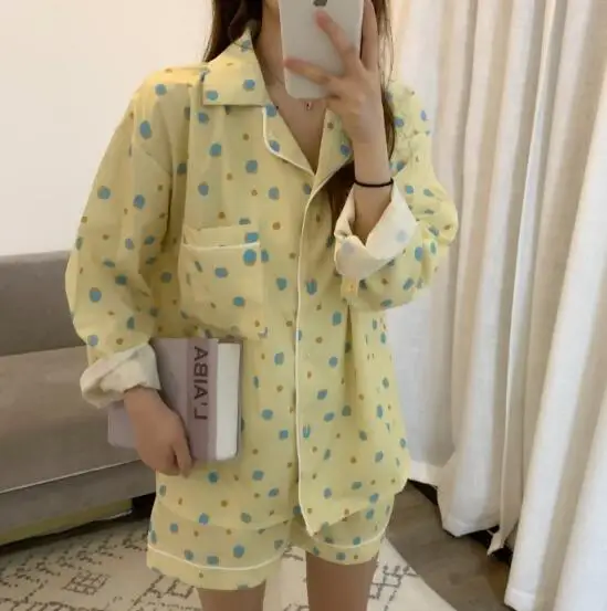yellow Fdfklak весенне-летние пижамы для женщин пижамы наборы для ухода за кожей с длинным рукавом Хлопок пижамный комплект мультфильм печати дома pijama - Цвет: yellow