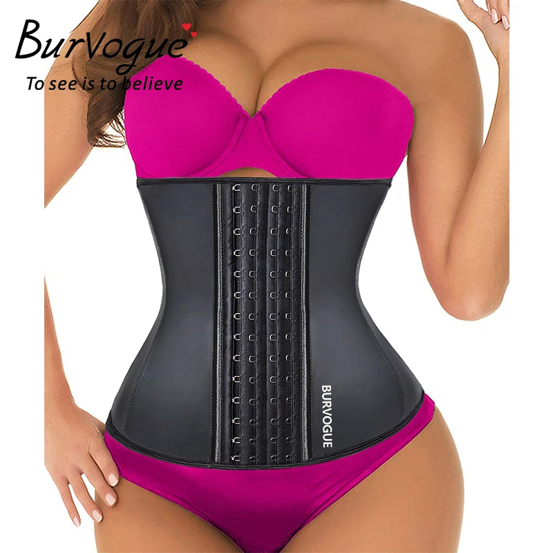 Burvogue, женские корсеты на талию, черный латексный корсет на молнии под грудью, корсет для похудения, 9 стальных костей, корректирующий корсет