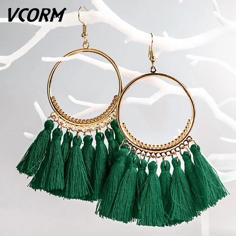 Green VCORM новые модные богемные серьги с кисточками, большие висячие серьги для женщин, роскошные винтажные длинные висячие серьги с кристаллами, Женские Ювелирные изделия - Окраска металла: Green