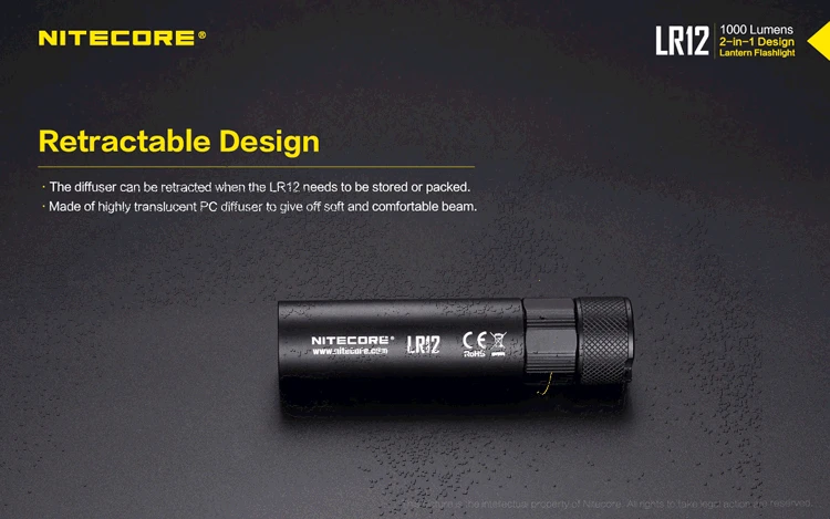 Топ продаж Nitecore LR12 ручной 2в1 фонарь фонарик CREE XP-L HD V6 светодиодный 1000LMs без батареи 18650 уличный походный фонарь