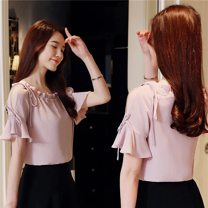 Новинка милые женские рубашки оборки короткие рукава шифон феи платье на плечо