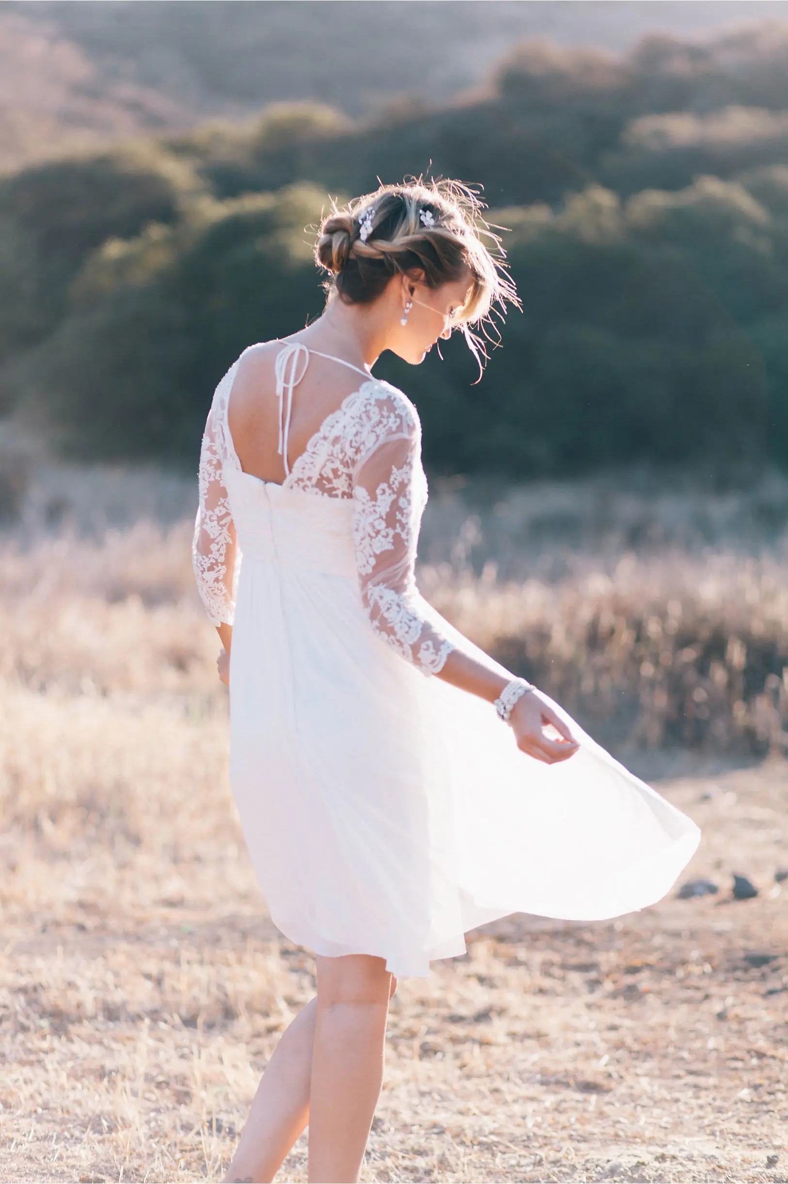 Short Long Sleeves Wedding Bridal Dress Lace Empire Waistline Knee Length Gowns Low Price Vestido de Novia | Свадьбы и торжества
