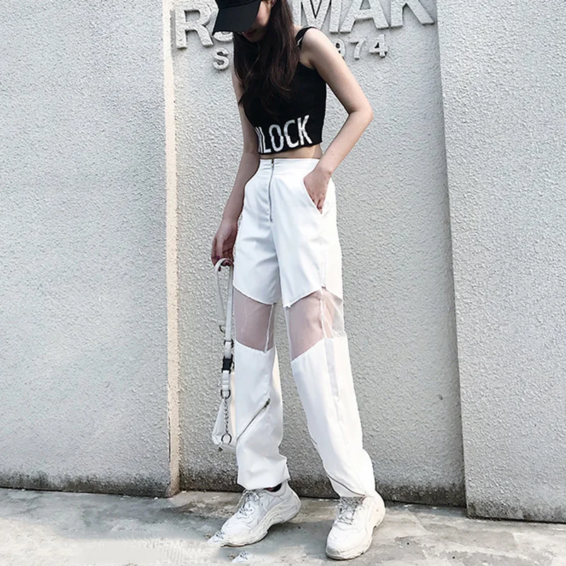 Mesh Loose Stitching Pants White Loose Harajuku BF Cargo Pants Summer Hollow Out women high waist pants joggers baggy trousers
