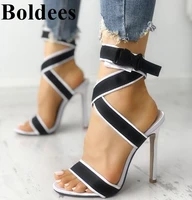 beauty ladies shoes fashion thin high heel mixed color white black one belt designer party high heel sandals show shoes