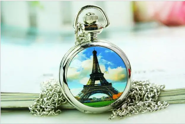 

classic steampunk Silver enamel Paris Effie tower quartz pocket watch chain women girl best gift low price good quality